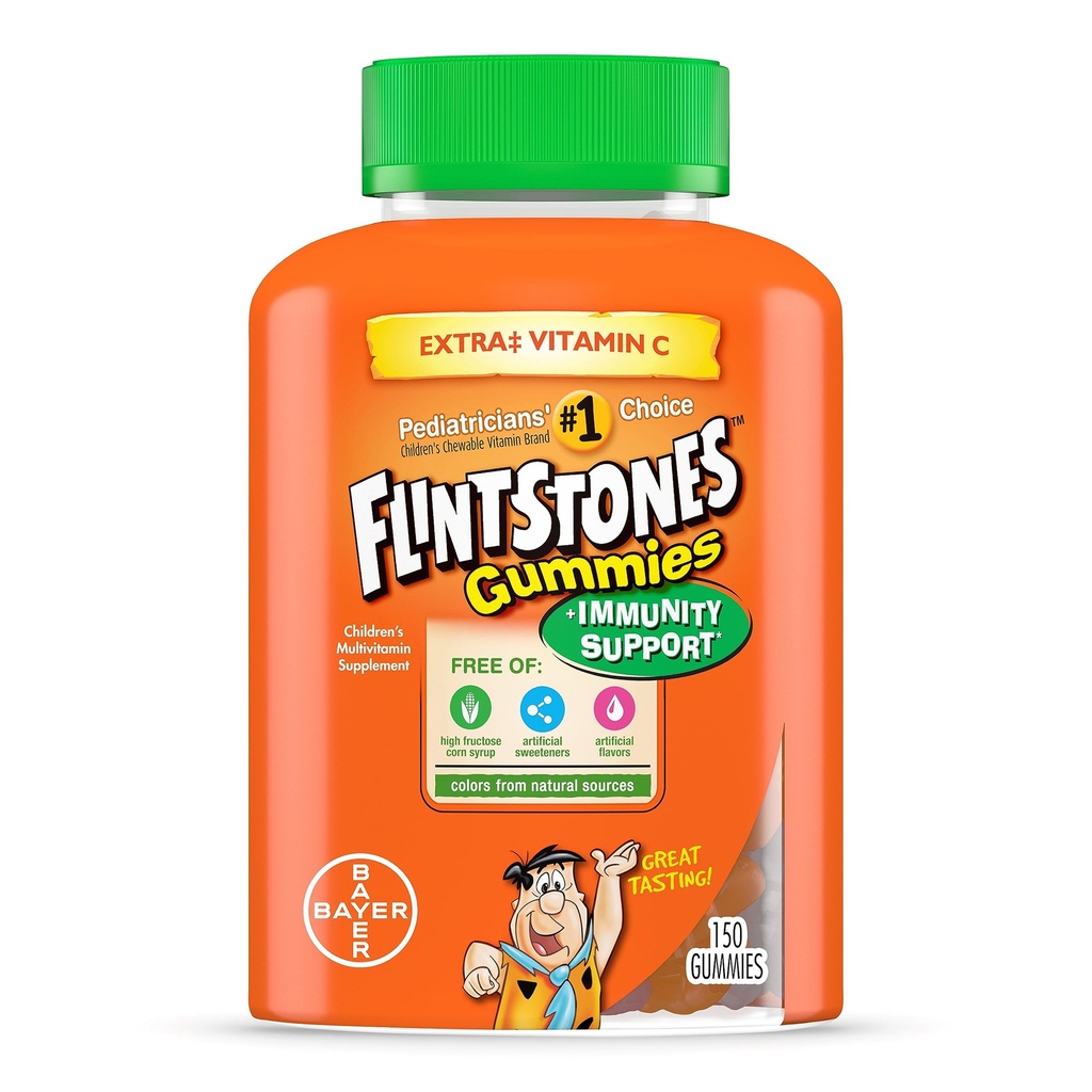 Flintstones Gummies Kids Vitamiinid koos immuunsusega *, Lapsed ja väikelapsed Multivitamiin C-vitamiiniga, D-vitamiin, B12, tsink & rohkem, oranž 150ct