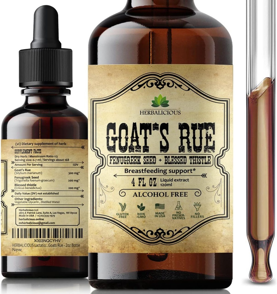 HERBALICIOUS Kitse rue vedelik ekstrakt 4 fl oz - looduslik taimne tinktuur kitse rue, lambaläätse seemned, õnnistatud ohakas - alkoholivaba mitte-GMO laktatsioonilisandi suurendatud rinnapiima