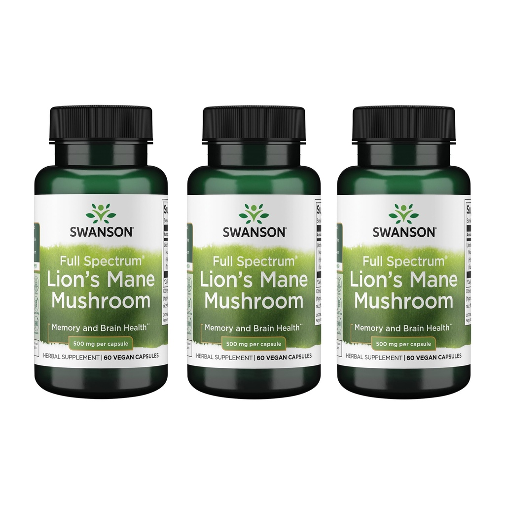 Swanson Lõvi Mane Seene - Traditsiooniline Aju Suurendaja Täiendus valmistatud Hericium Erinaceus (60 kapslit, 500 mg iga) 3 Pack