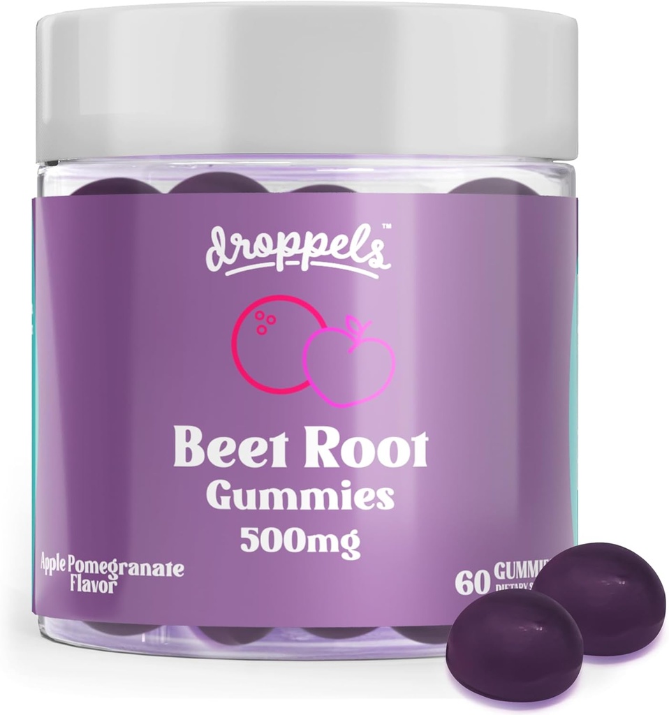 Droppels Beet Juurkummies koos peedi Powder 500mg, Viinamarjaseemne ekstrakt 300mg, Vitamiin B12 & Niatsiin | Vegan, Pectin-Based & Non-GMO Beetroot Supplement, Apple Granaatõuna maitse, 60 Count