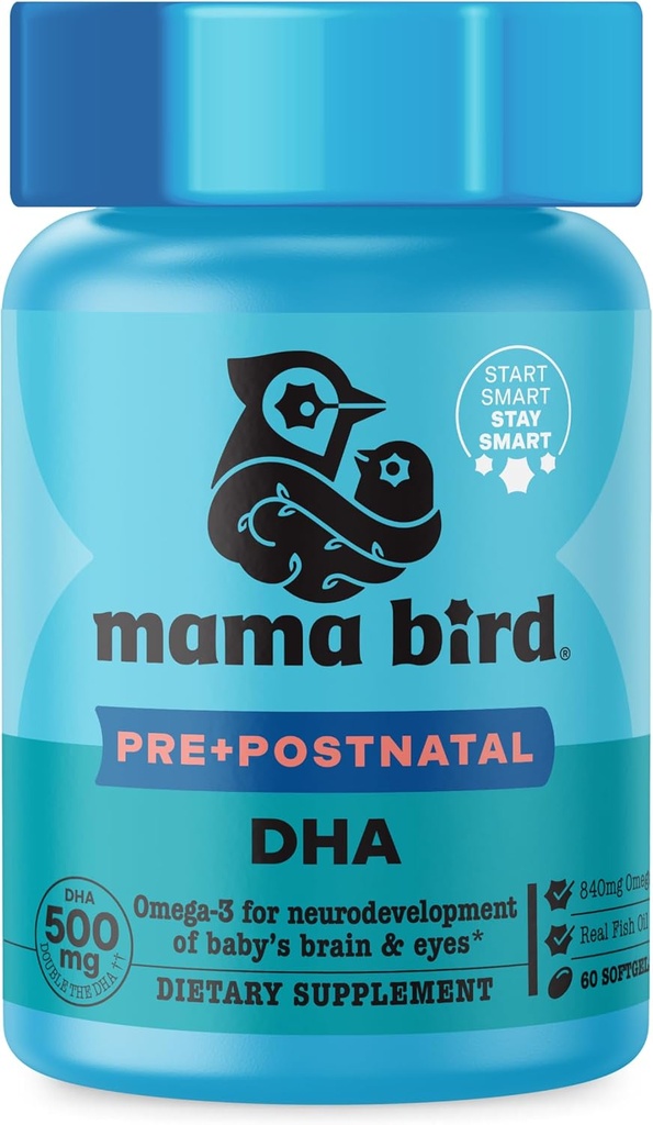 Parim Nest Wellness Mama Bird Sünnieelne DHA - Terviselisa Omega-3 DHA & EPA - Kalaõli täiendus rasedatele naistele - toetab loote aju ja silmade arengut - 60 Softgels