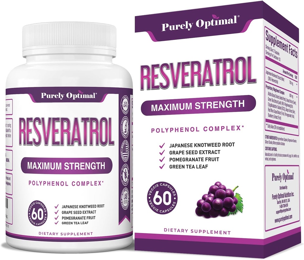 Puhtalt optimaalne Resveratrooli lisa 1500mg – Trans-Resveratrooli Jaapani Knotweed, Polyphenol kompleks – toetab Graceful Vananemine, Vitality, Kognitive & Skin Health – 60 Vegan Kapslid