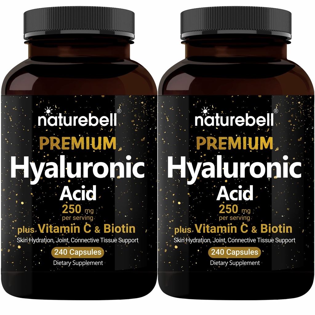 NatureBell 2 Pack Taimepõhised hüaluroonhappe lisandid 250mg koos 25mg C-vitamiini ja biotiiniga 5000mcg, 480 kogukapslid | olulised juuste kasvuks, liigeste toetamiseks ja naha niisutamiseks | Mitte-GMO