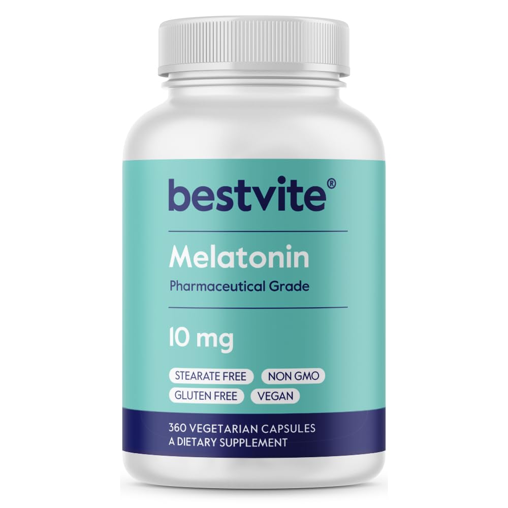 BESTVITE Melatoniin 10 mg - 360 Veg Caps - Ei Stearates - Ei Sukraloosi, Ei Dekstroosi, Ei Ränidioksiidi, Ei Mannitooli - Vegan - Mitte-GMO - Gluteenivaba - Uneabi, et toetada puhke- ja äratustsüklid