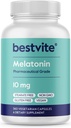BESTVITE Melatoniin 10 mg - 360 Veg Caps - Ei Stearates - Ei Sukraloosi, Ei Dekstroosi, Ei Ränidioksiidi, Ei Mannitooli - Vegan - Mitte-GMO - Gluteenivaba - Uneabi, et toetada puhke- ja äratustsüklid