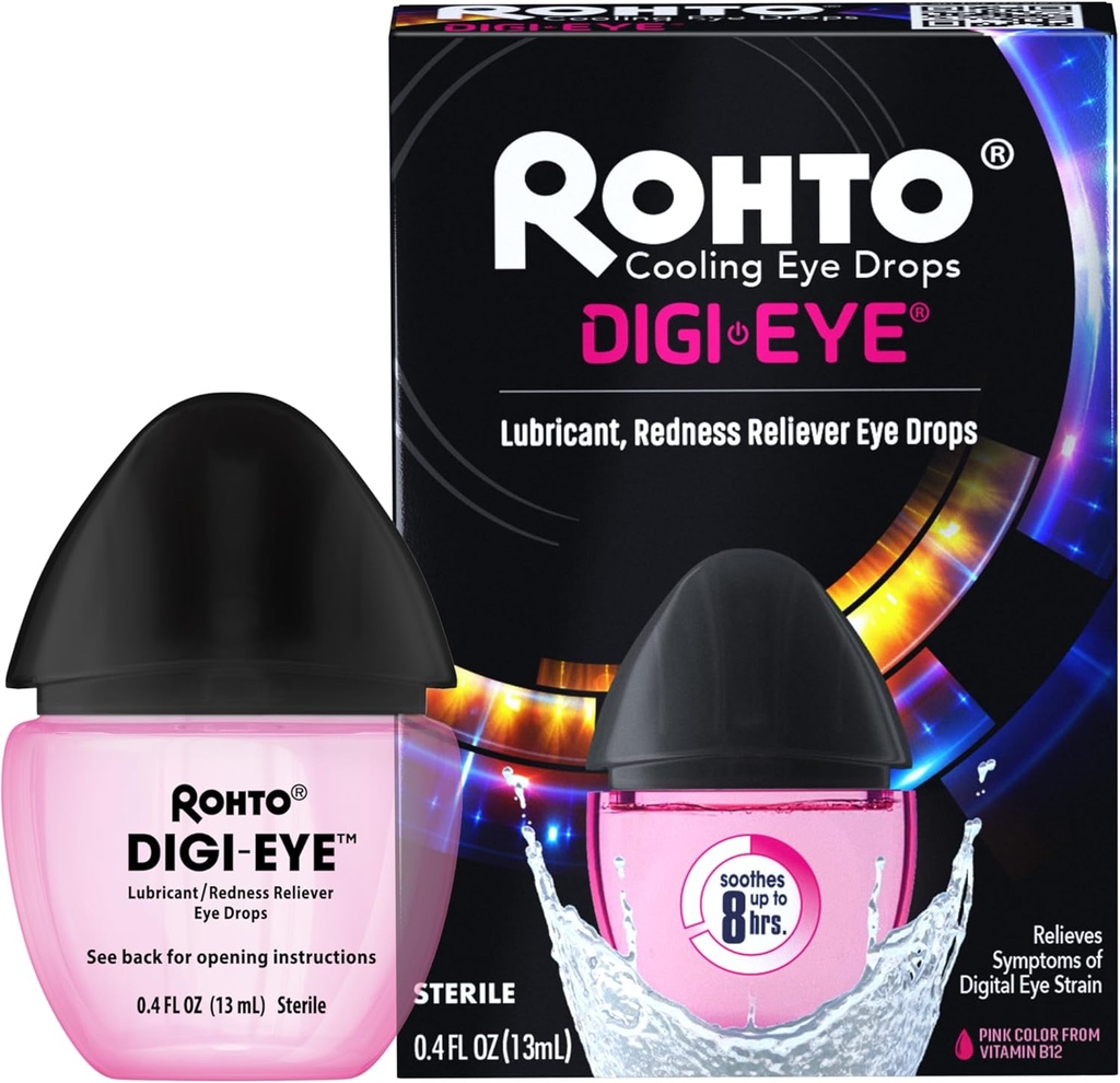 Rohto Digi-Eye digitaalse silma tüve silmatilgad, jahutav silma tüve leevendamine digitaalse silma tüve sümptomitest, pikaajaline, rahustav silmade leevendamine, silmatilgad punasele, väsinud silmadele 0,4 fl oz pudel (pakk 2)