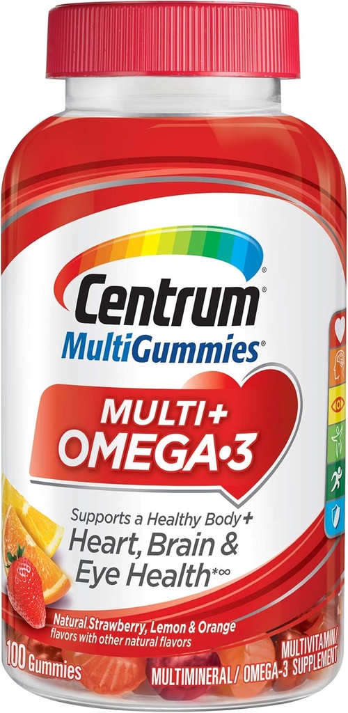 Centrum MultiGummies Omega 3 Gummy Multivitamiin täiskasvanutele, multivitamiinid / multimineraalsed toidulisandid, maasikad / sidrunid / oranžid maitsed - 100 krahv
