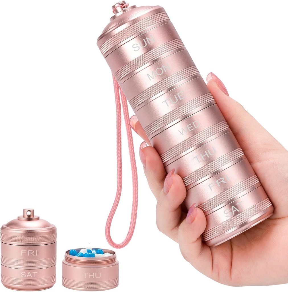 Metal Pill Organizer 7 Day - Waterproof Weekly Travel Pill Box Daily Pill Case with 7 Compartments, Pill Container for Vitamin Medicine Supplements Fish Oil, Pink