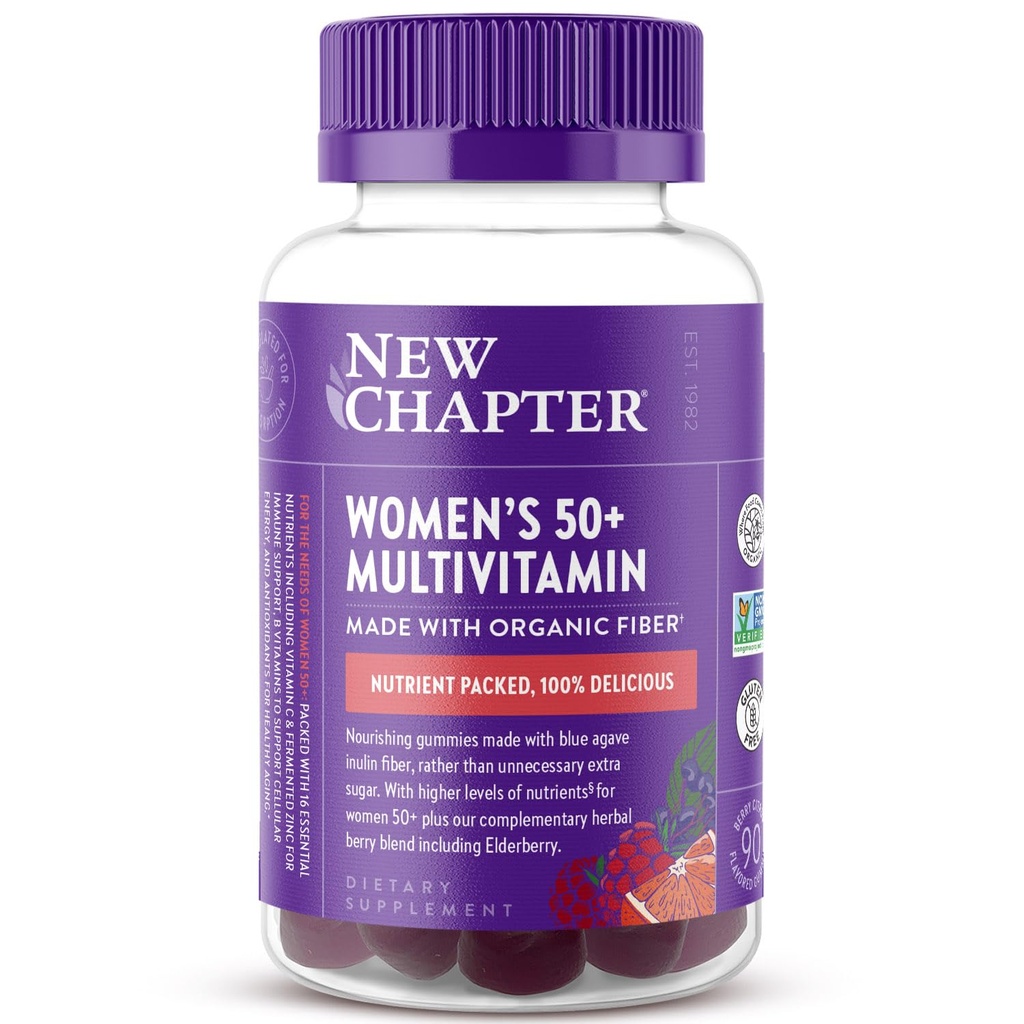 Naiste 50+ multivitamiini kummid – 52% vähem suhkrut, naiste tervislikud vananemiskummi vitamiinid C-vitamiiniga, B-vitamiinid ja tsink, mitte-GMO, gluteenivaba, marja tsitrusviljad Maitsestatud, 90 ct