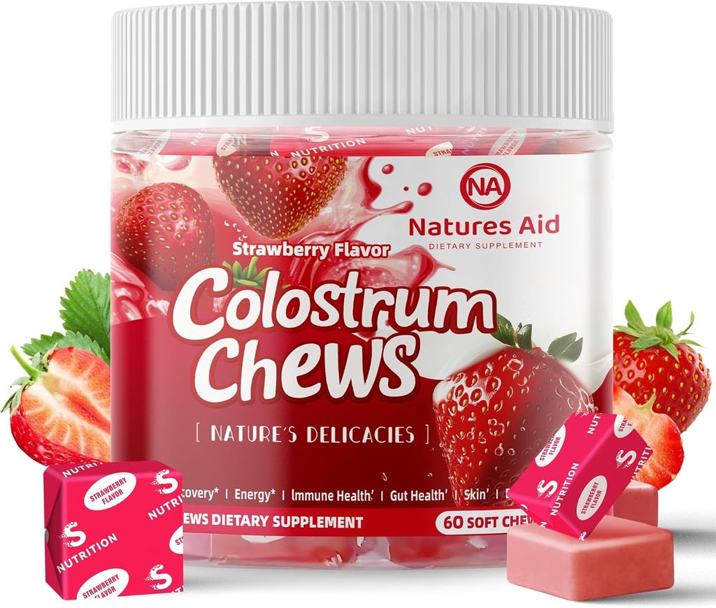 Colostrum Chews Täiendus probiootikumid soolestiku tervise, Bloating, immuunsüsteemi toetust, nahka, juuste kasvu ja ilu - maasikamaitse (60 Servings)