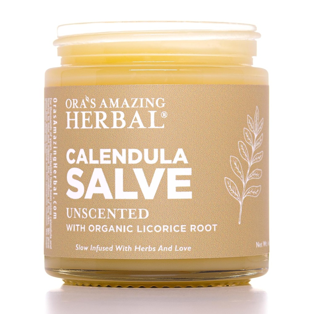 Calendula Salve, Calendula Cream, joonistus Salve, Calendula salv, Ora's Amazing Herbal, kookospähklivaba Salve, mis on valmistatud orgaanilise kalendri ja lagritsa juurega, 4 oz