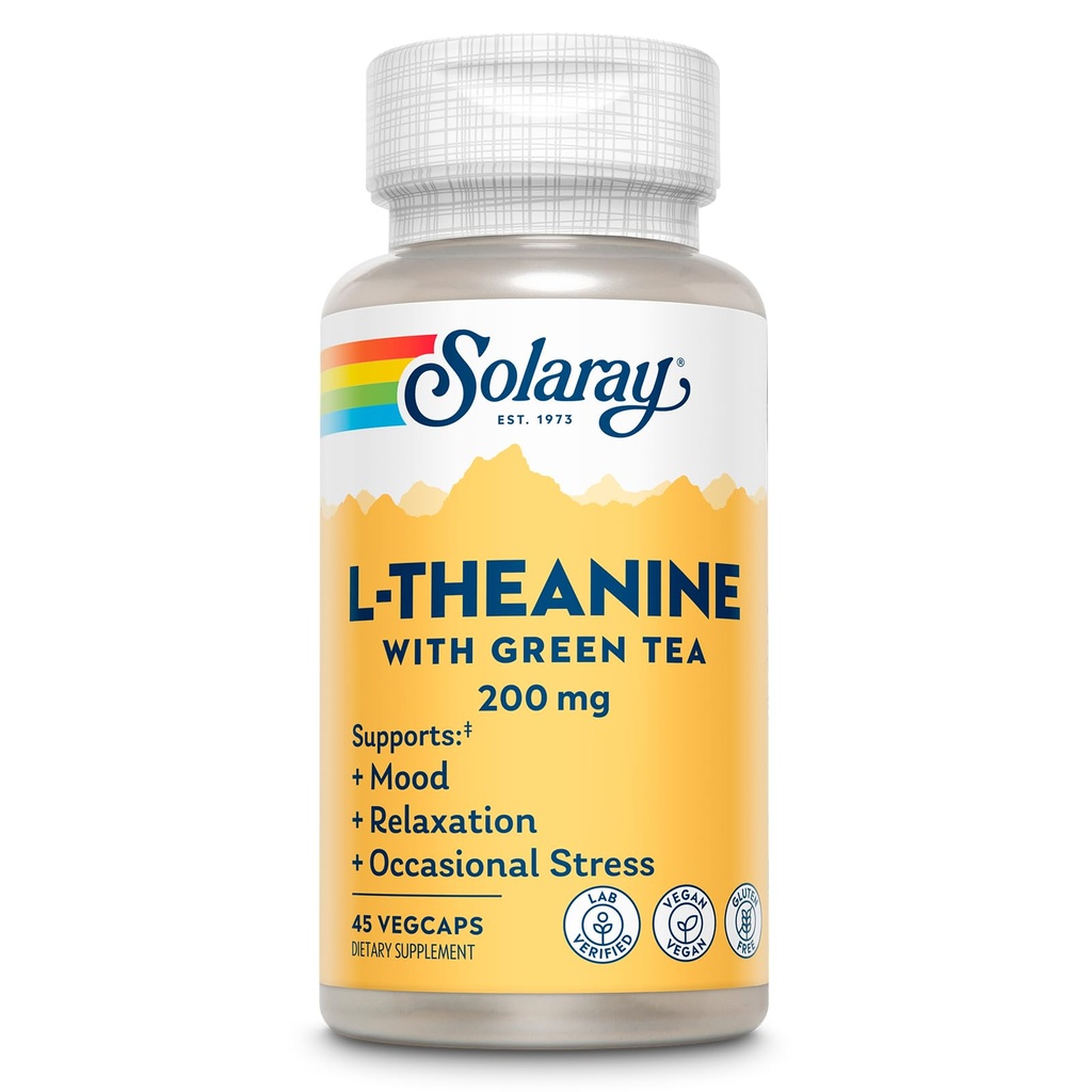 SOLARAY L-Theanine 200mg rohelise teega - tervislik meeleolu, lõõgastus ja juhuslik stressitoetus - Lab Verified, Vegan, Gluteenivaba - 45 Servings, 45 VegCaps