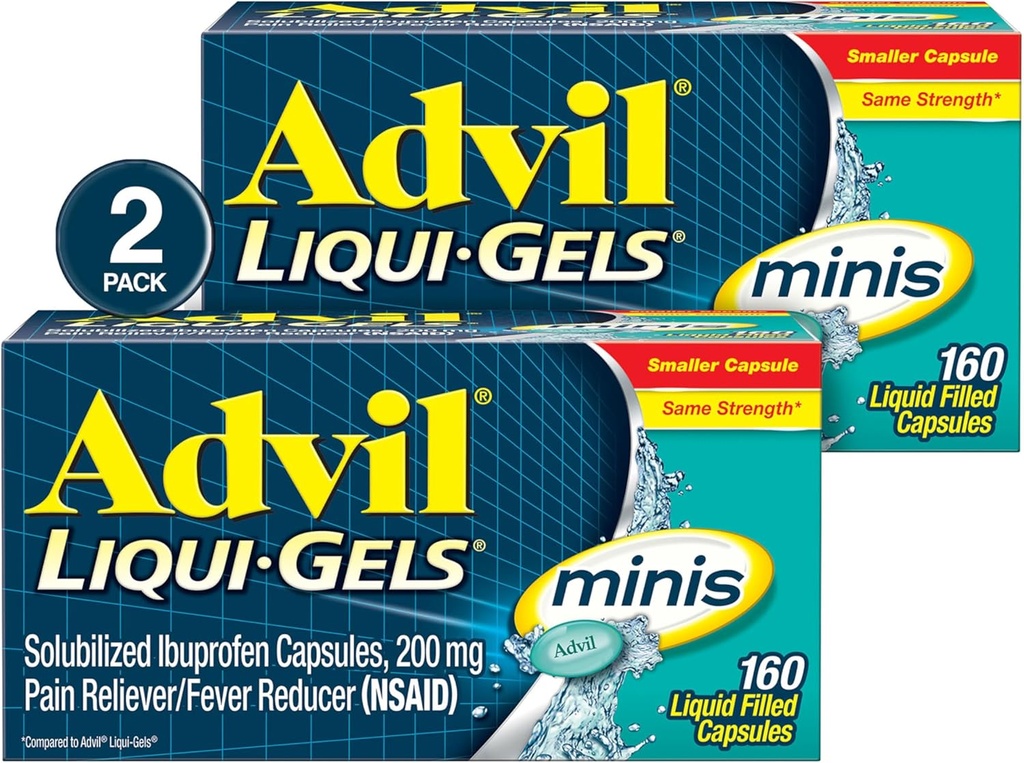 Advil Liqui-Gels minis Valu leevendaja ja palaviku vähendaja, valuvaigistid täiskasvanutele ibuprofeeniga 200mg valu leevendamiseks - 2x160 vedelat täidetud kapslit