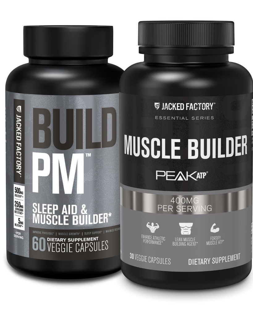 Jacked Factory Build PM Night Time Lihaste ehitaja & Sleep Aid (60 kapslit) & Essentials Lihaste ehitaja - Daily Strength Ehitaja meestele Peak ATP (30 kapslit)