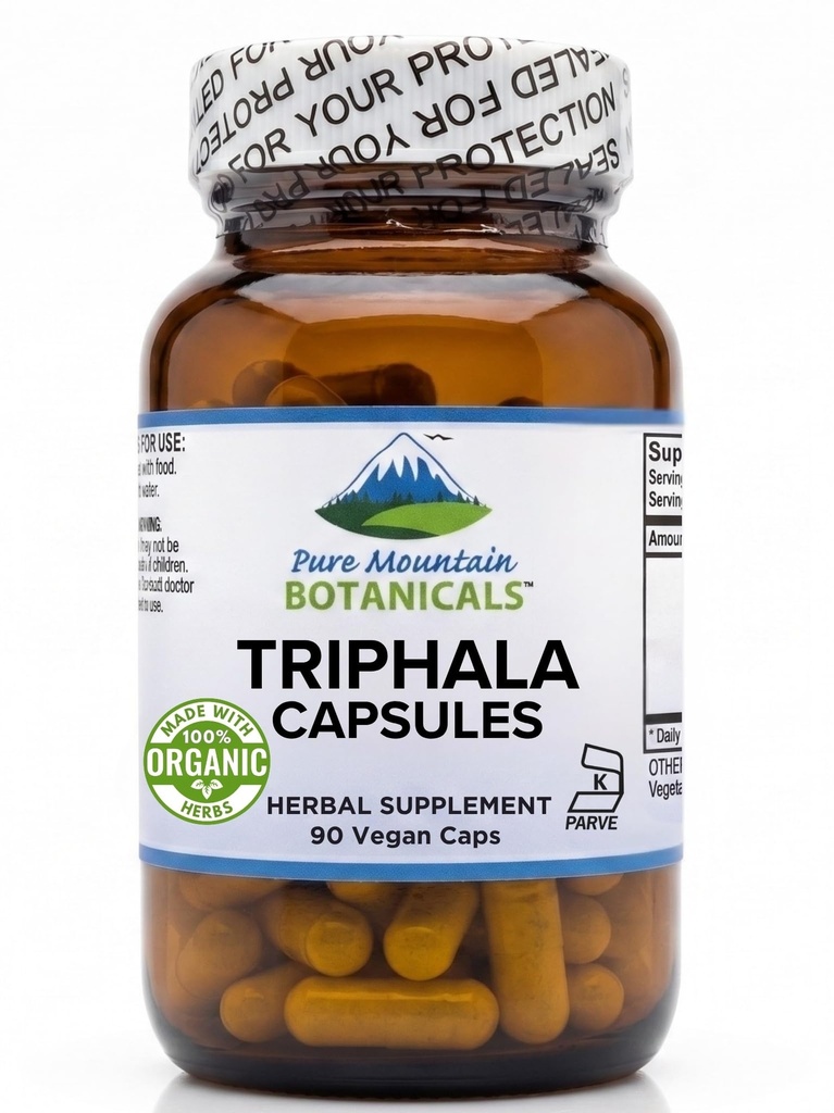 Pure Mountain Botanicals Triphala kapslid 90 Kosher Vegan kapslid Nüüd 500mg Orgaaniline segu Amla India Puuviljad