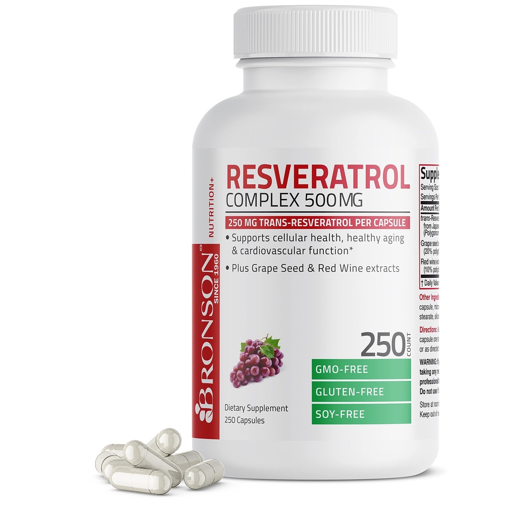 Bronson Resveratrol 500 Complex Standardized Trans-Resveratrol + Viinamarjade Seed & Red Wine Extract, 250 kapslit