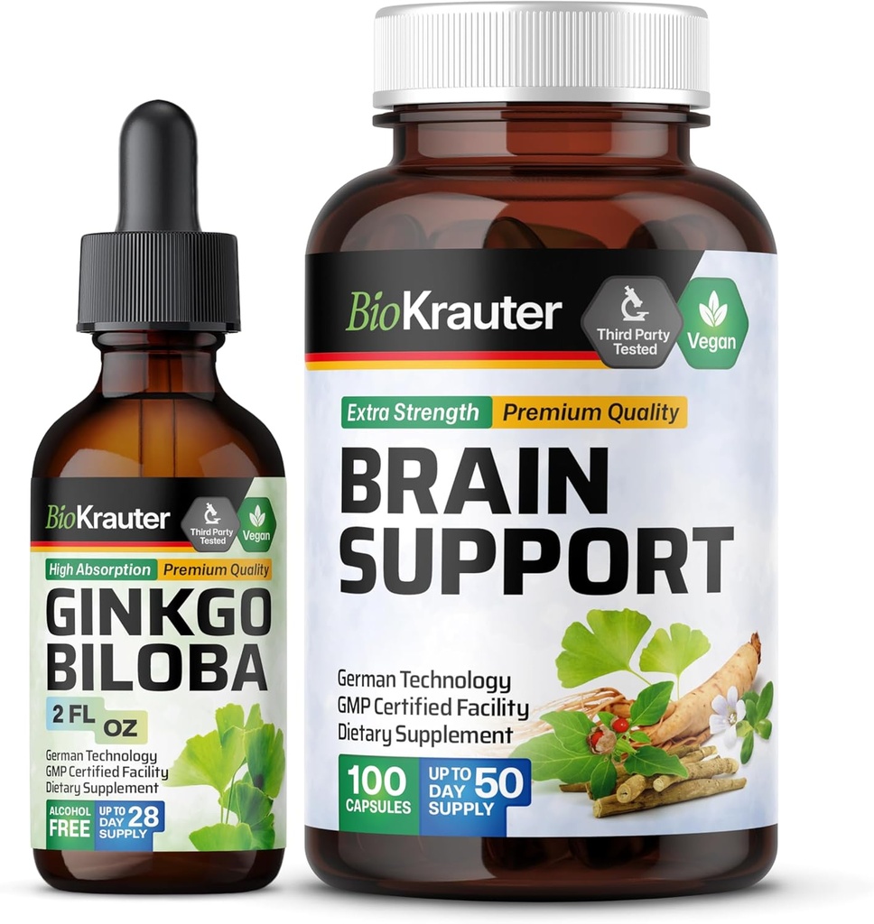BIO KRAUTER Ginkgo Biloba Tincture 2 Fl. Oz. & Brain Support 100 Capsules