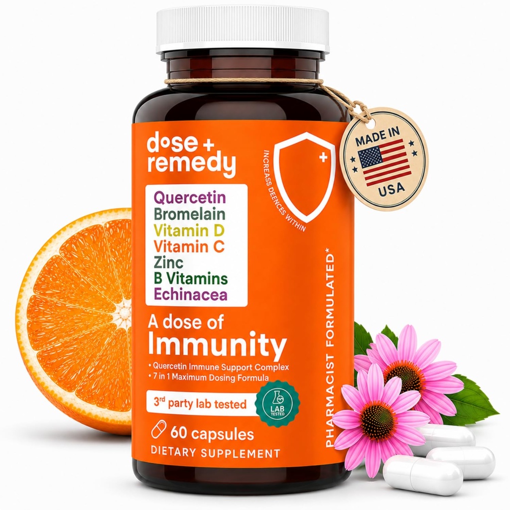 A Immuunsuse annus Quercetin koos C-vitamiini ja tsinkiga, D-vitamiin, 500mg Quercetin Bromelain koos Echinacea & B-vitamiinidega, Lung Immune Support Supplement 7 in 1 Immunity Defense Booster (60 Count)
