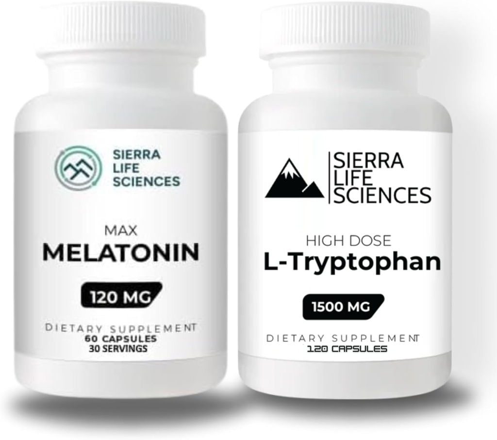 1500mg L-trüptofaan & 120mg melatoniini komplekt | Suured annused kapslid puhke- ja meeleolu toetamiseks | Gluteenivaba, mitte-GMO, Veg-Caps | 30 Serving Every