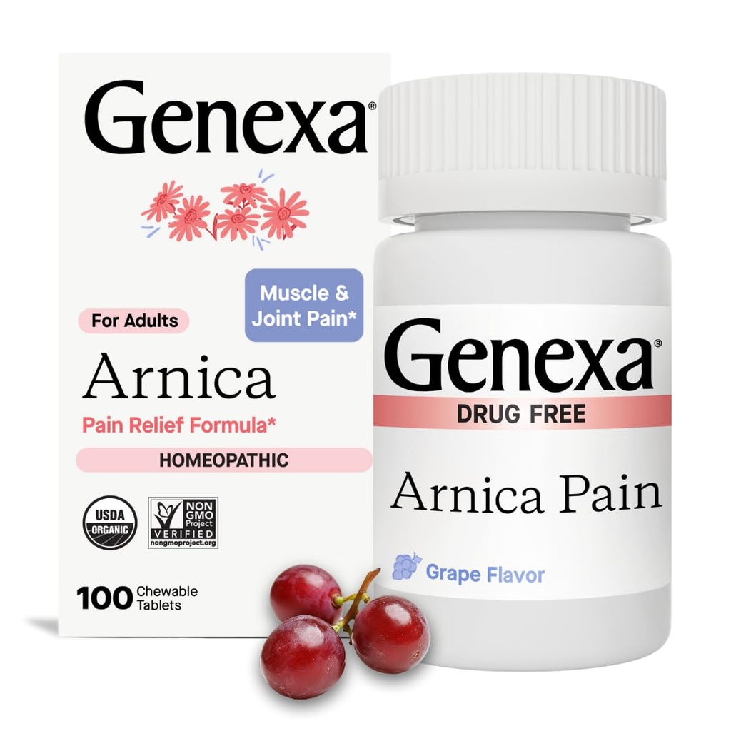 Genexa Arnica valu leevendamiseks | Lihaste ja liigesevalu leevendamine , valulikkus ja jäikus | Vähendab sinikaid ja turset | Orgaaniline viinamarjamaitse | Homöopaatiline ravim tehtud puhtaks | 100 närimistabletti