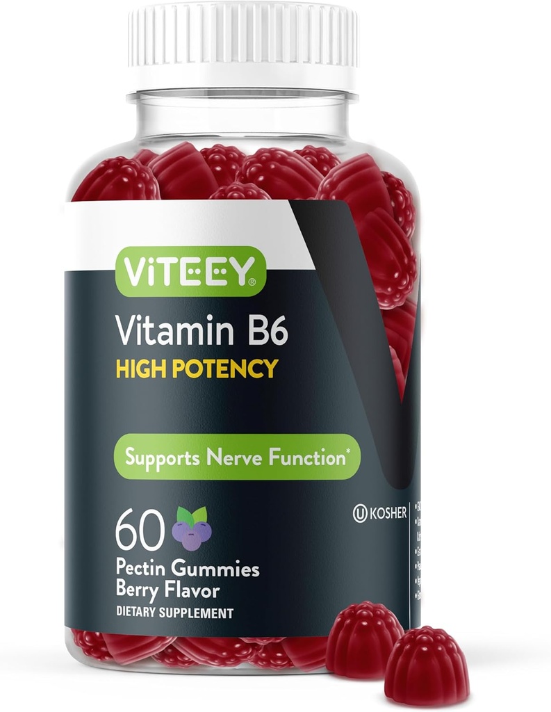 Viteey Viteey Vitamiin B6 Gummies - energia, närvide ja meeleolu toetus - B6 vitamiinid 100mg - vegan, gluteenivaba, GMO-vaba - 60 Count
