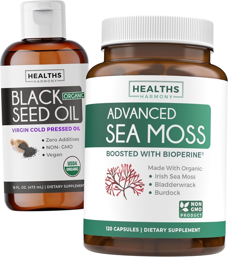 Mustseemneõli Vedelik & merisamblik (2-kuuline tarne) Mere ja Seemne Fusion Bundle - Black Seed Oil Vequid (16fl.oz) Premium Külmpressitud Klaki Köögiviljaseemneõli & Orgaaniline Iiri merisamblik Bioperiiniga - Vegan