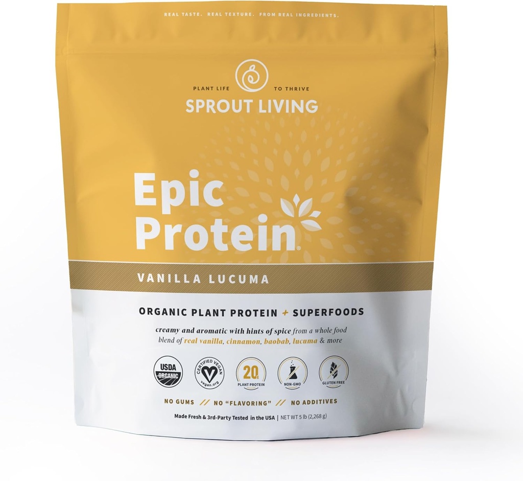 Sprout Living Epic Protein, Taimne Valk & Superfoods Pulber, Vanilla Lucuma Pulber | 20 Grams Orgaaniline Valk Pulber, Vegan, Non Dairy, Non-GMO, Gluteenivaba, Madal suhkur (5 Nael, 60 Servings)