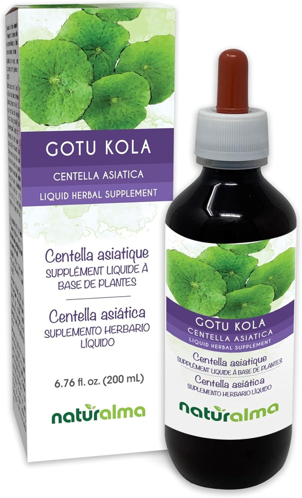 Naturalma Gotu kola (Centella asiatica) ürdi Alkoholivaba tinktuur - 6,76 fl oz Vedel ekstrakt tilkades - Taimne täiendus - Vegan