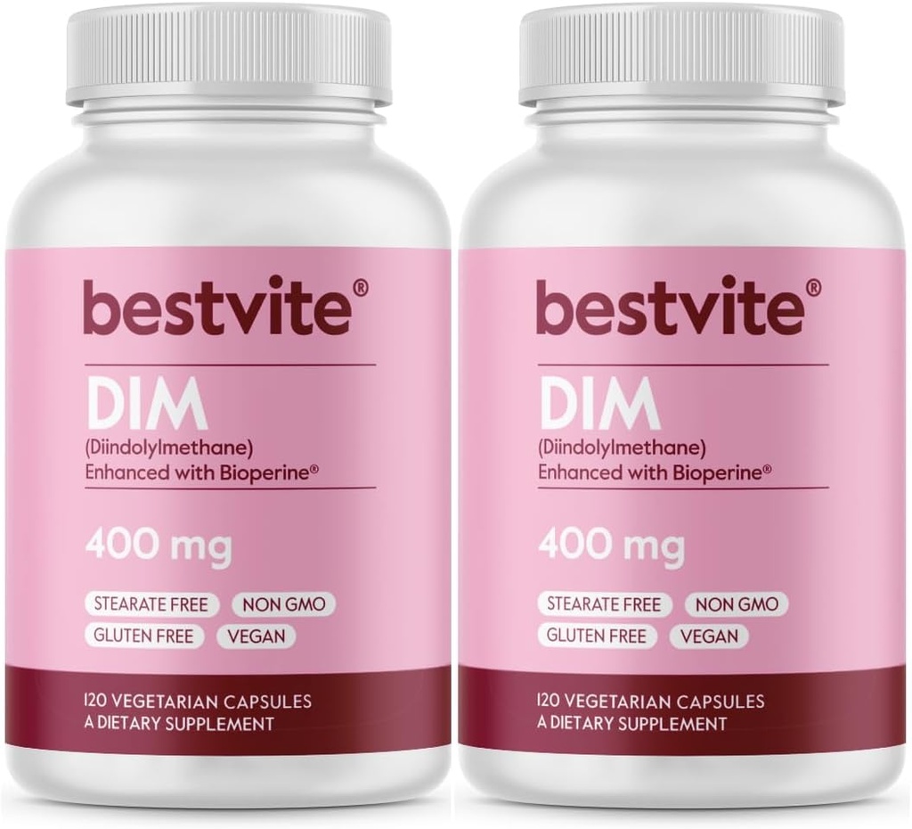 BESTVITE DIM (diindolüülmetaan) 400 mg bioperiiniga (240 taimekapslit) (120 x 2) - Steaate ei ole - želatiin puudub - vegan - mitte GMO - gluteenivaba