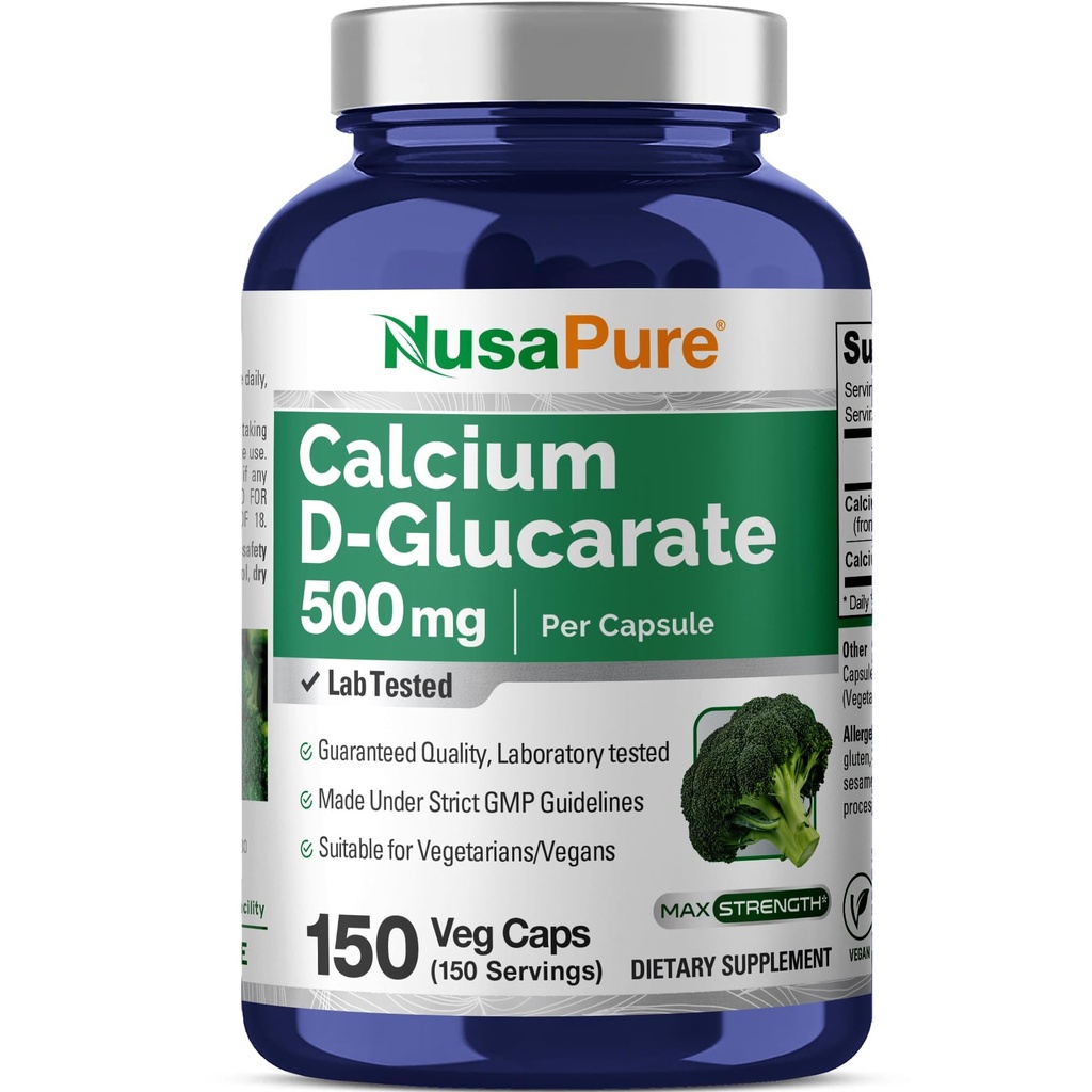 NusaPure Calcium D- Glucarate 500 mg 150 Veggie Caps , Vegan , Non- GMO , Gluteenivaba