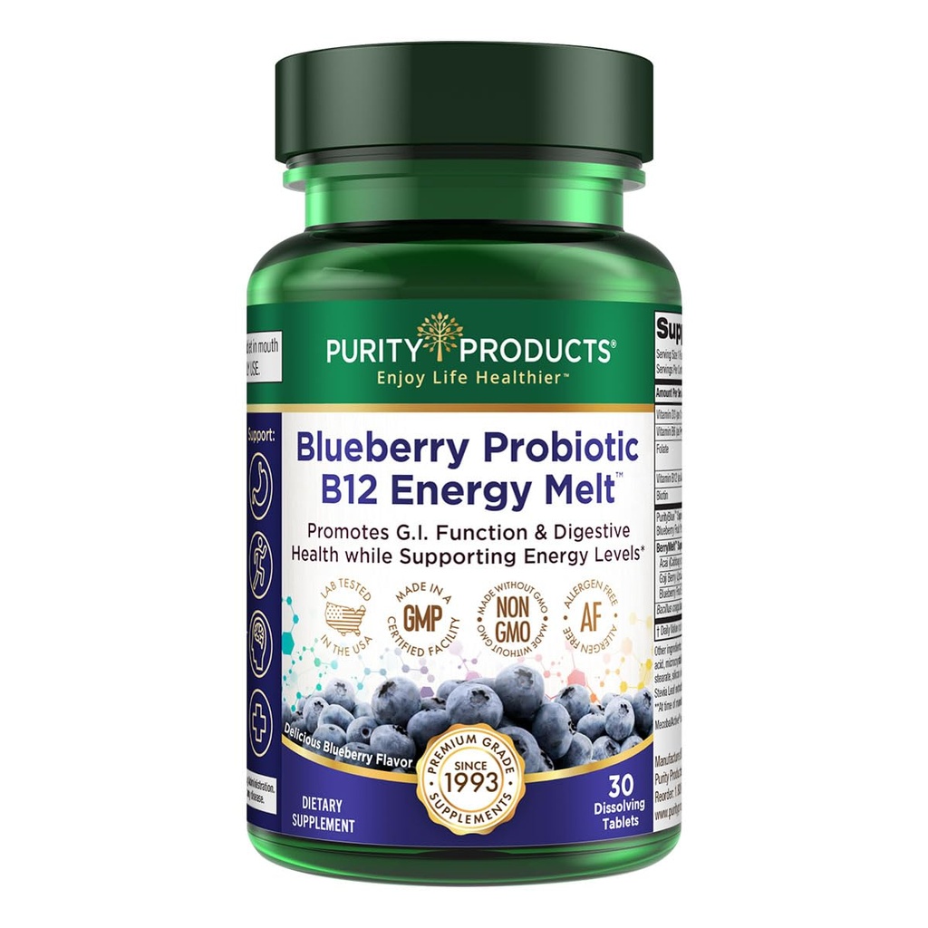 Puhtus Tooted Mustika Probiootikum B12 Energia sulatamine Kliiniline probiootikum - Orgaanilised mustikad, metüülkobalamiin B-12-30 sulab