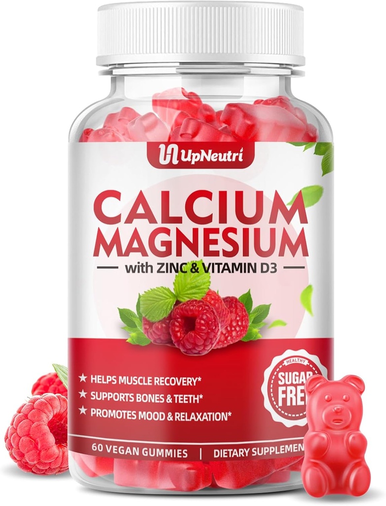 Kaltsiummagneesium tsink D3-vitamiini lisandiga, suhkruvaba kaltsiumkummid naistele meestele, kõrge imendumisega tsinkkummid luudele ja lihastele & immuuntervisele, Vegan Vaarikamaitse - 60 krahv