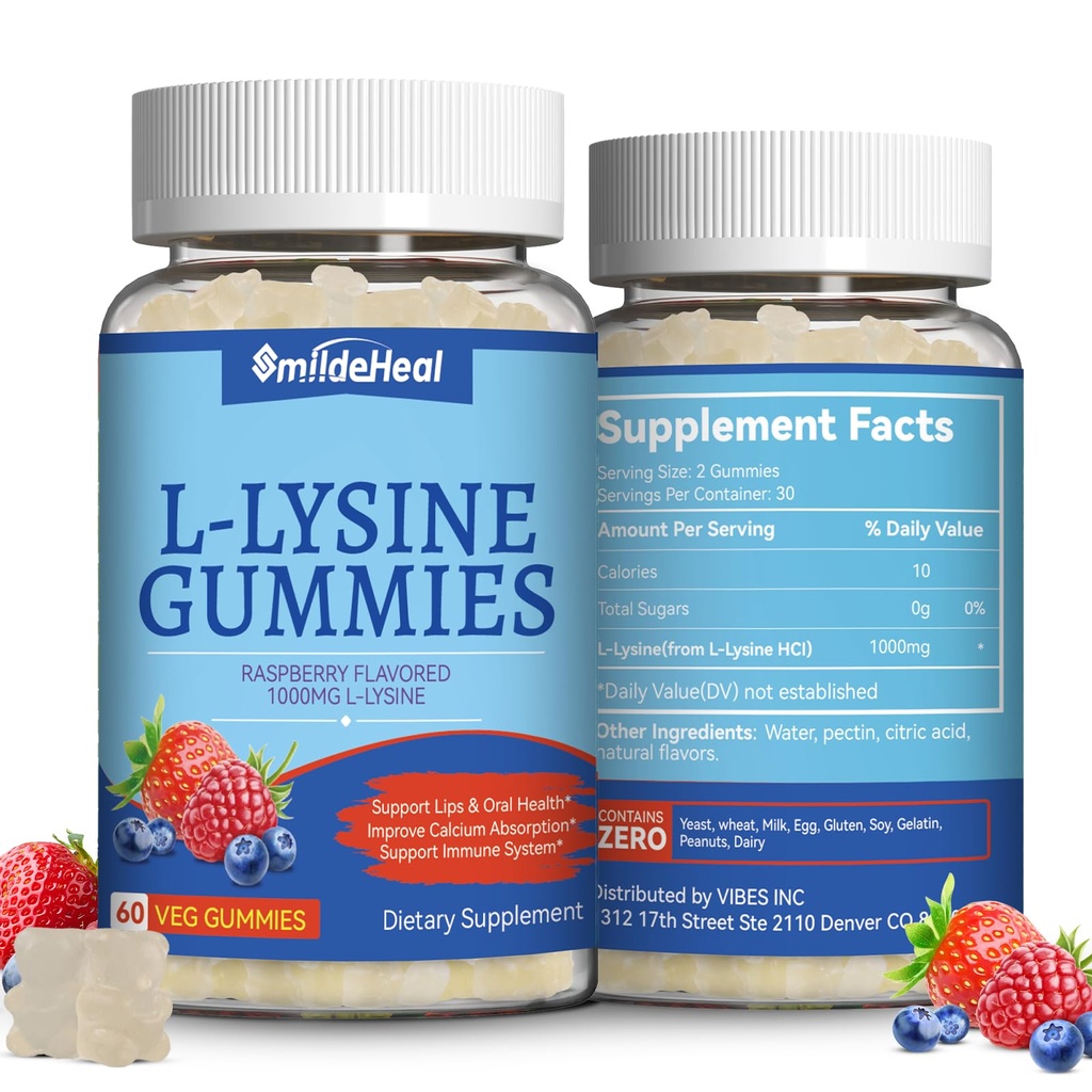 2 Pack L-Lysine 1000mg Gummies, närimiskõlblik lüsiini lisand täiskasvanutele, immuunsüsteemi tugi, kollageeni moodustumise tugi, mitte-GMO, vegan, gluteenivaba - 120 loeb