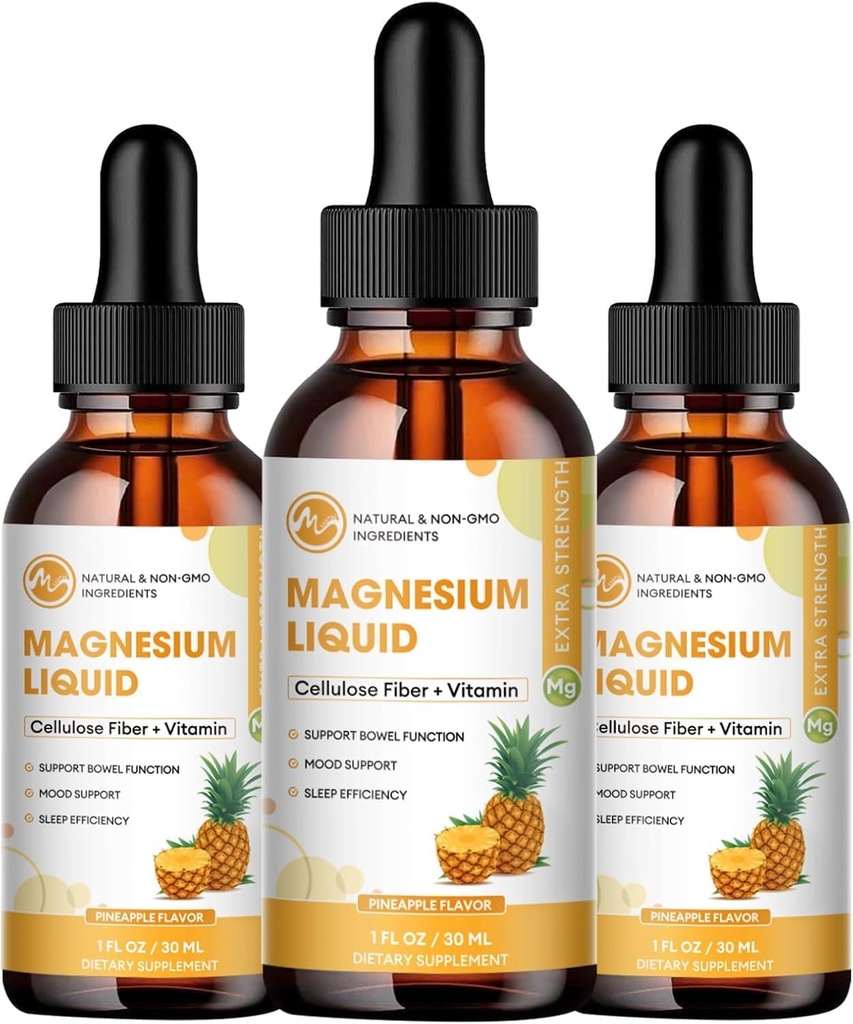 (3 Pack) Magnesium Glycinate Liquid Drops, High Absorption Magnesium Liquid with Bromelain, Vitamin B6 C D, Magnesium Supplement for Kids and Adults, Night & Muscle Support, Pineapple Flavor