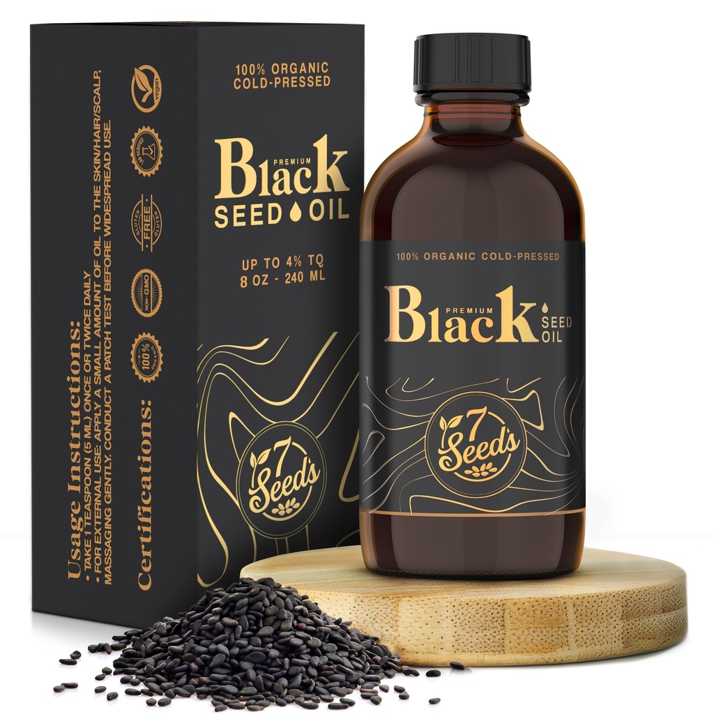 7 Seemned külmpressitud musta seemne õli - 240 ml külmpressitud Nigella Sativa Vedelik immuunsuse toetamiseks, põletiku toetamiseks, seedimiseks, juustele ja nahale (8 Fl Oz)
