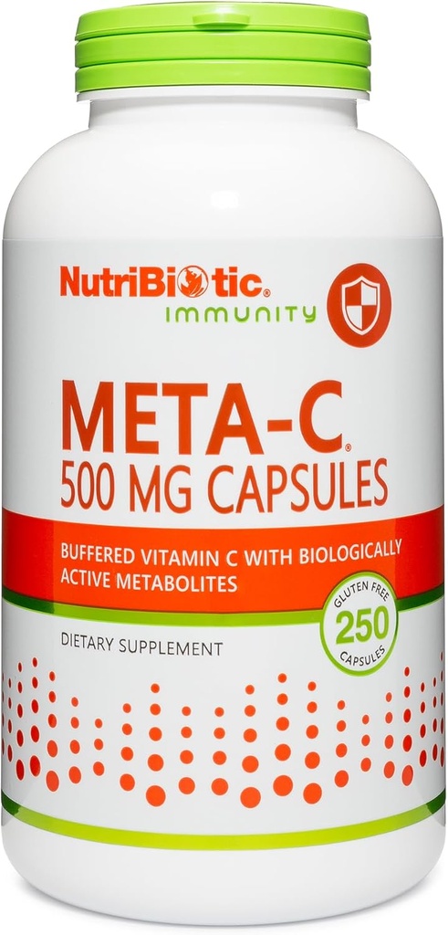NutriBiotic Meta-C Capsules, 500 mg Spirulina-Bound Vitamin C, 250 Count | Buffered with Calcium, Biologically Active Spirulina Metabolites & Lemon Bioflavonoids | Antioxidant & Collagen Support