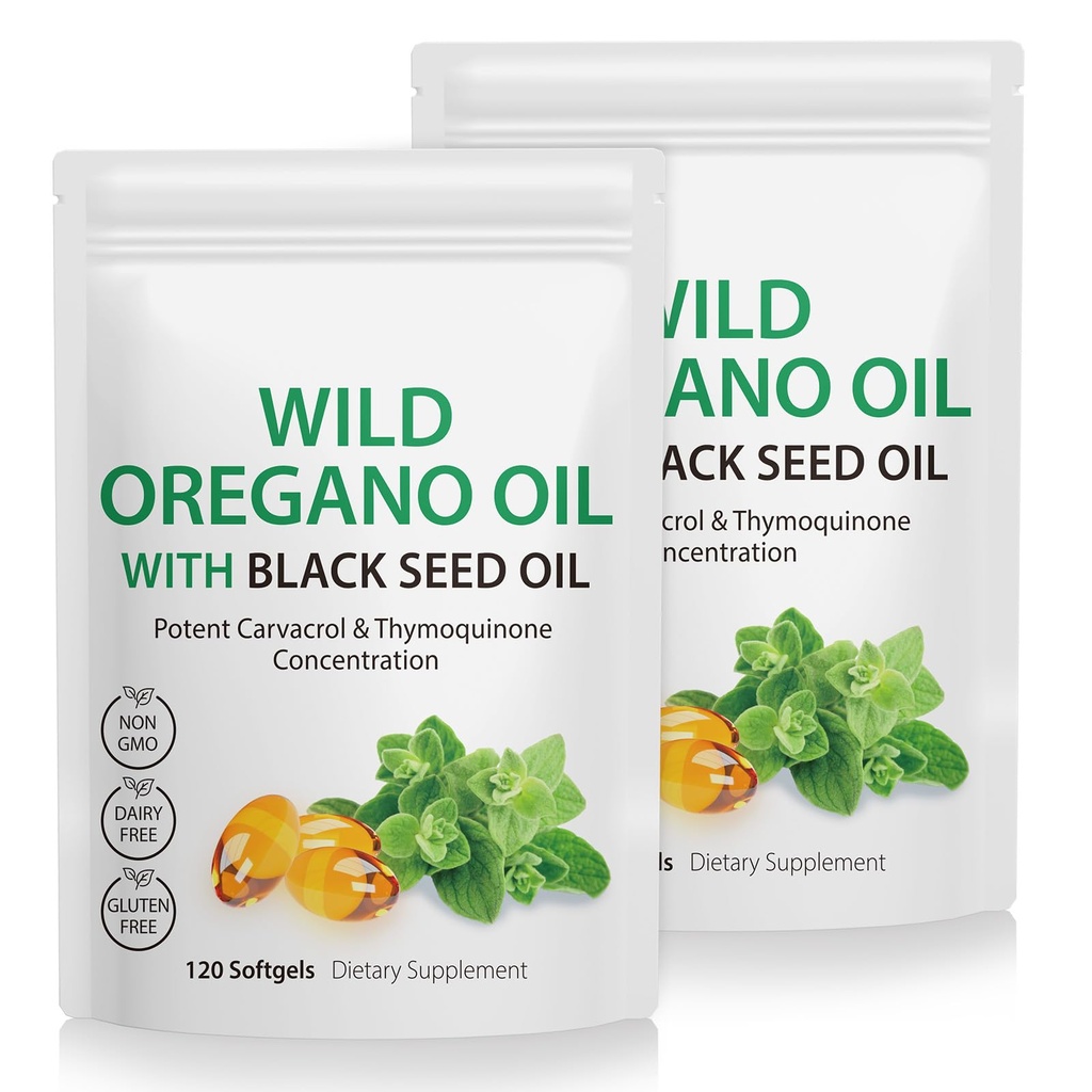 2 Pack Oil of Oregano Softgels, Oregano Oil Kapslid, 165mg Karvakrool, 2: 1 Formulated Oil of Oregano with Black Seed Oil 200mg, Oregano Oil Supplement kapslid