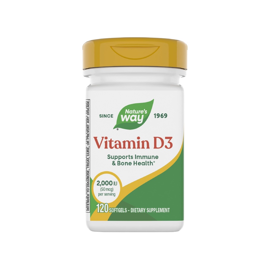 Nature's Way D3-vitamiin, luude tervis ja immuunfunktsioon *, 2000 RÜ (50 mikrogrammi serveerimise kohta), 120 softgels (pakendamine võib varieeruda)