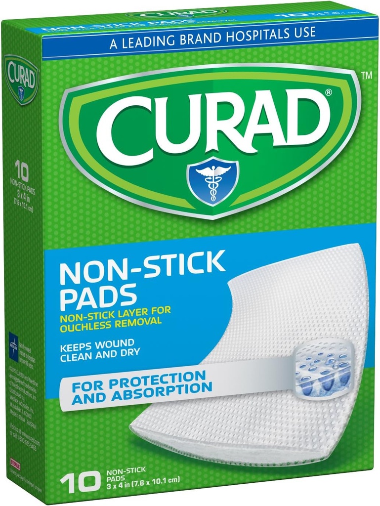 Curad Non-Stick Pads, 3 tolli X 4 tolli 10 loend