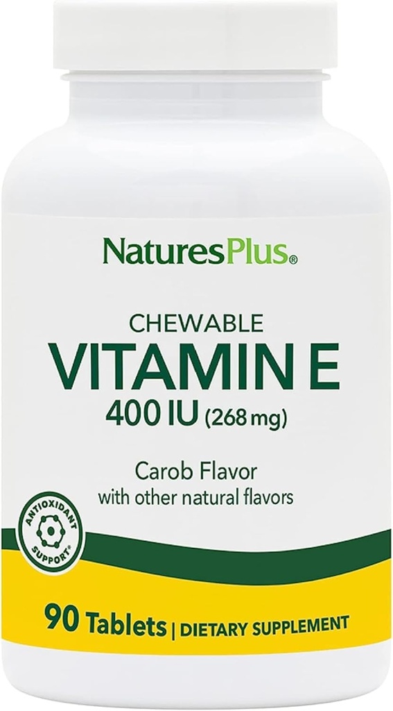 NaturesPlus E-vitamiin, looduslik Carob maitse - 90 närimistabletti, pakend 2 - vaba-radikaalne kaitse ja üldine heaolu - taimetoitlane, gluteenivaba - 180 kokku