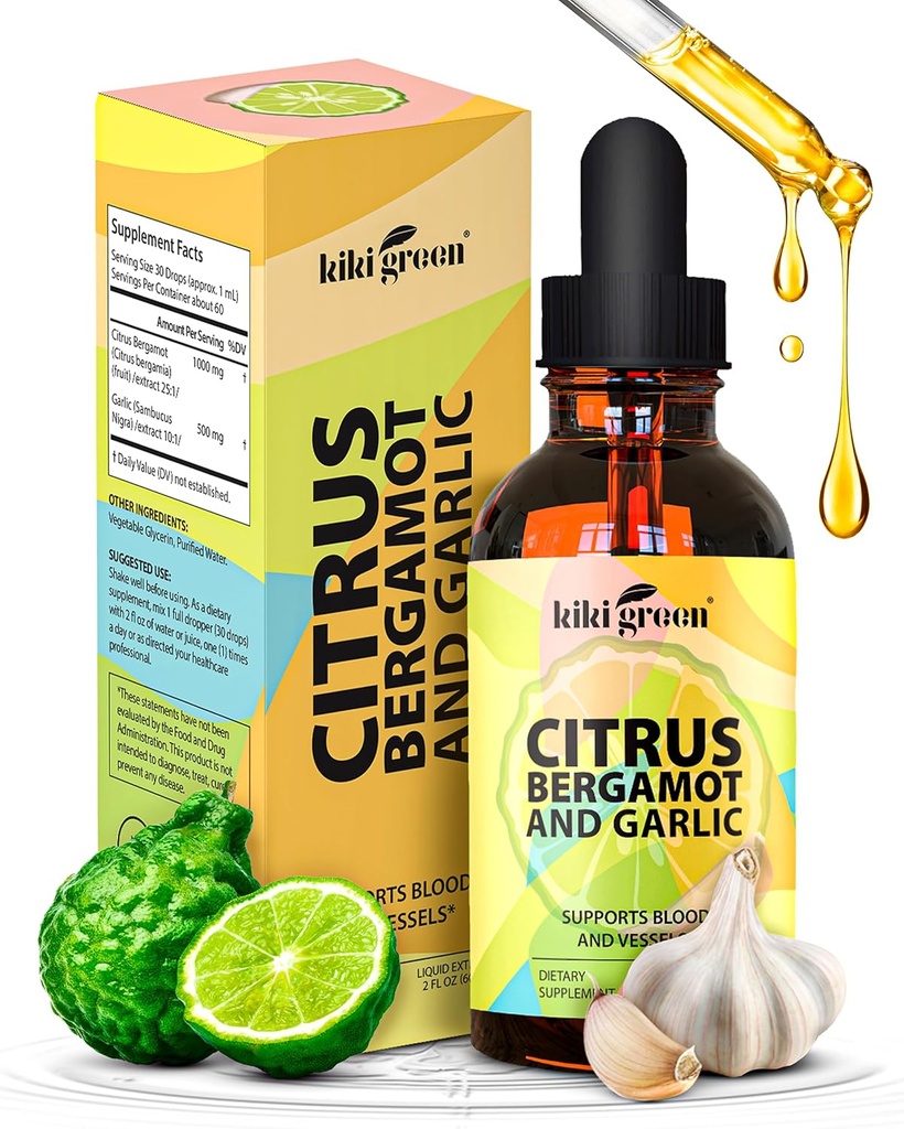 KIKI Green Liquid Citrus Bergamot & Küüslauguekstrakt - Citrus Bergamot täiendus südame tervisele, immuunsüsteemi tugi ja tervisliku vananemise mitte-GMO, Gluteenivaba täiendus 2 Fl Oz.