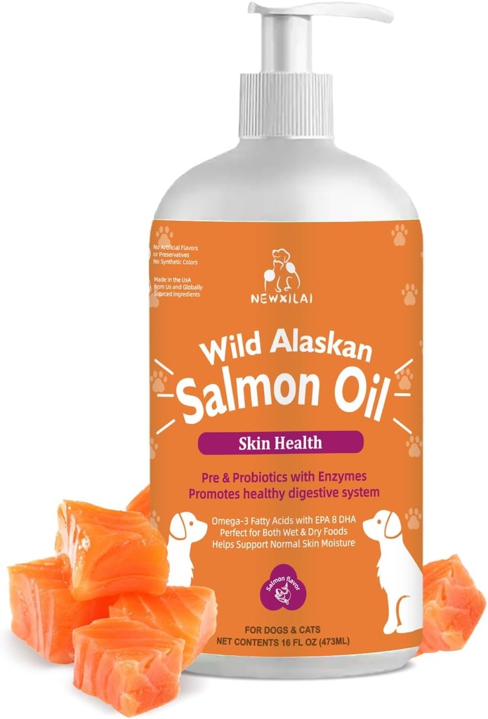 Looduslik Alaska lõheõli koertele ja kassidele, Omega-3 kalaõli lisand EPA & DHA-ga, naha tervise toetamine, läikiv kate, tugev liiges ja allergia leevendus - Pump Bottle 16oz