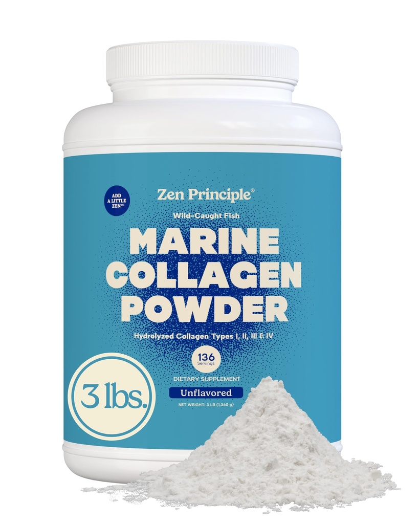 Zen printsiip Mere kollageenpeptiidid Pulber 3 lb. Looduslikult püütud kala, mitte-GMO. Toetab tervislikku nahka, juukseid, liigeseid ja luid. Hüdrolüüsitud I, II, III ja IV tüüpi valk. Aminohapped. Lihtne segada.