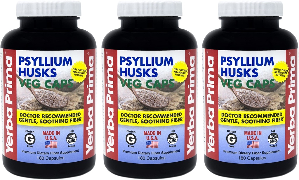 Yerba Prima Psyllium Husks Veg Caps - 180 Count (Pack of 3) - Vegan, Non-GMO, Gluteenivaba, Colon Cleanser, Daily Fiber Supplement Soolestiku Tervise Ja Regulaarsuse