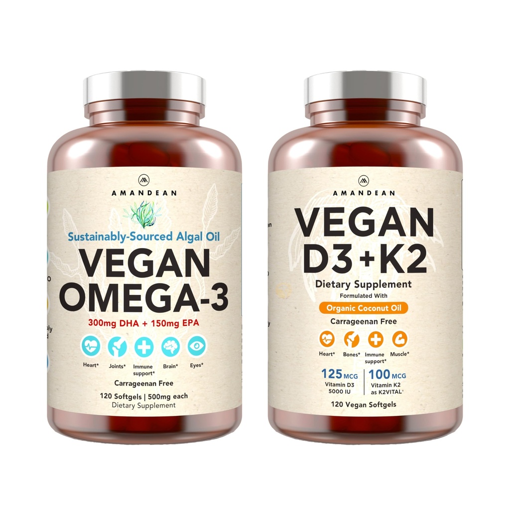 Vegan Powerhouse Combo. Omega-3 alates Algal Oil & Vitamiin D3 + K2. Taimepõhine 5000 iu VIT D vetikatest. 100 mcg All-Trans MK-7 Vita K. Carrageenan Free Veggie Softgels.