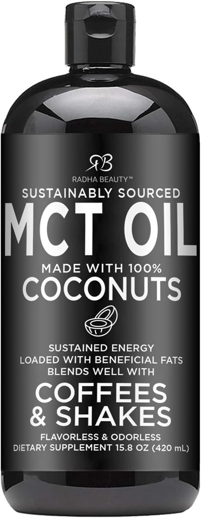 Radha Beauty Premium MCT Oil Valmistatud ainult mitte-GMO kookospähklitest - 15.8oz. Keto, Paleo, Gluteenivaba ja Vegan Heaks kiidetud.