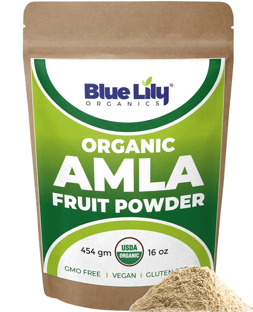 Blue Lily USDA orgaaniline Amla pulber (Amalaki / India Gooseberry) 16oz (1lb) taassuletav Kraft kott, 100% puhas Amla Berry pulber, rikas antioksüdant C-vitamiin, toetab tervislikku immuunsüsteemi