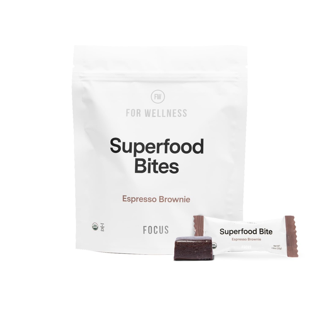 Wellness Superfood Focus Bites (10 Count), Kakao Espresso Brownie - vähendab väsimust, parandab seedimist ja toetab aju funktsiooni