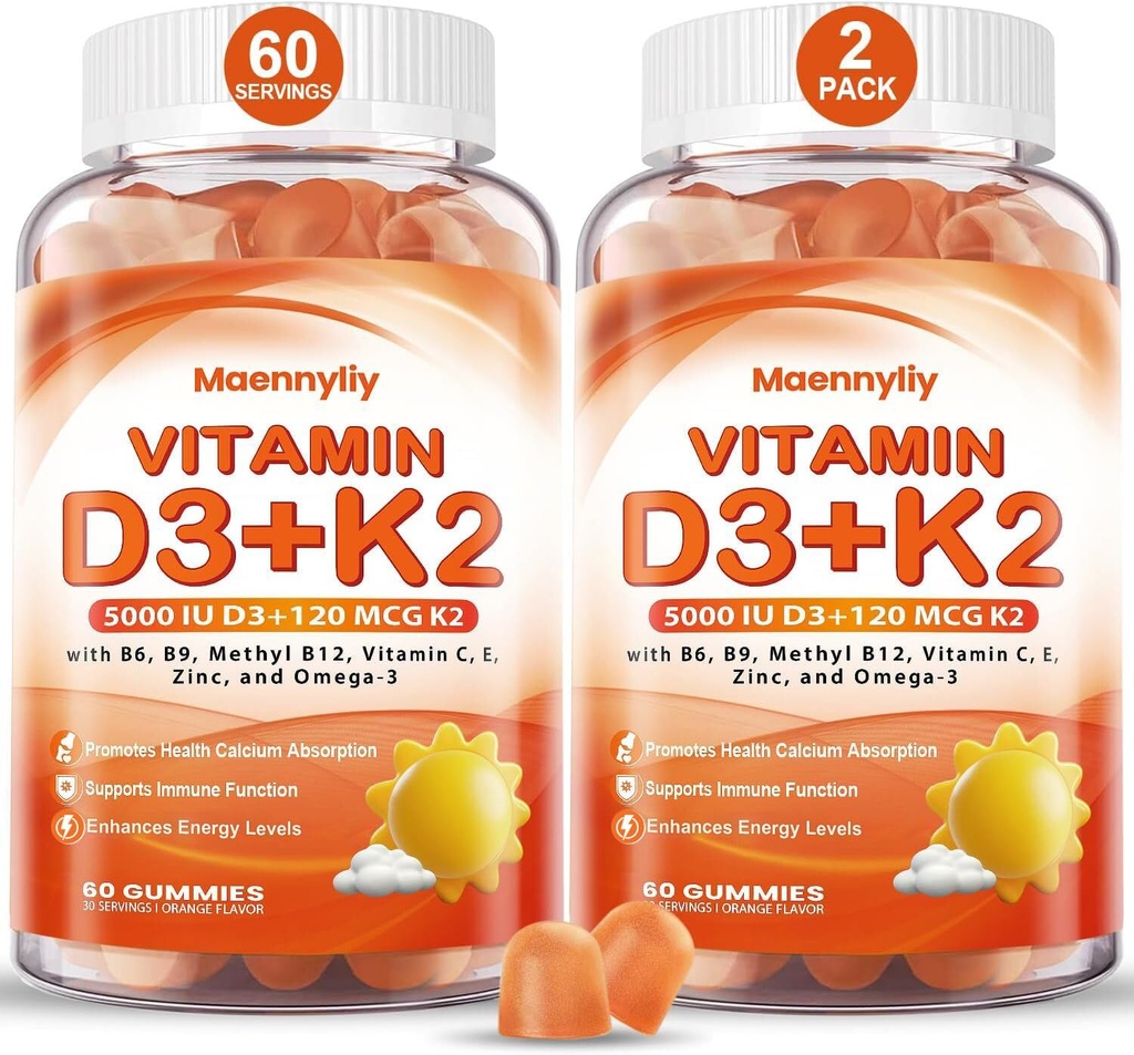 Vitamiin D3 K2 kummid täiskasvanutele - Vitamiin D3 5000IU + K2 (MK-7) 120mcg - suhkruvaba D3 ja K2 toidulisandid Omega-3, Metüül B12, B9, B6, vitamiinid E ja tsink - kaltsiumi imendumiseks ja immuunsus tervisele
