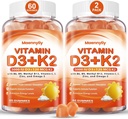 Vitamiin D3 K2 kummid täiskasvanutele - Vitamiin D3 5000IU + K2 (MK-7) 120mcg - suhkruvaba D3 ja K2 toidulisandid Omega-3, Metüül B12, B9, B6, vitamiinid E ja tsink - kaltsiumi imendumiseks ja immuunsus tervisele